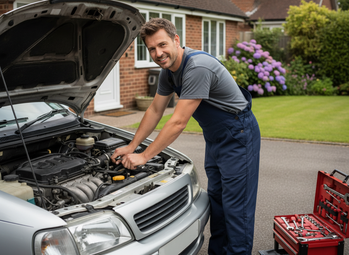 Mobile mechanic working on a car engine at a customer's home